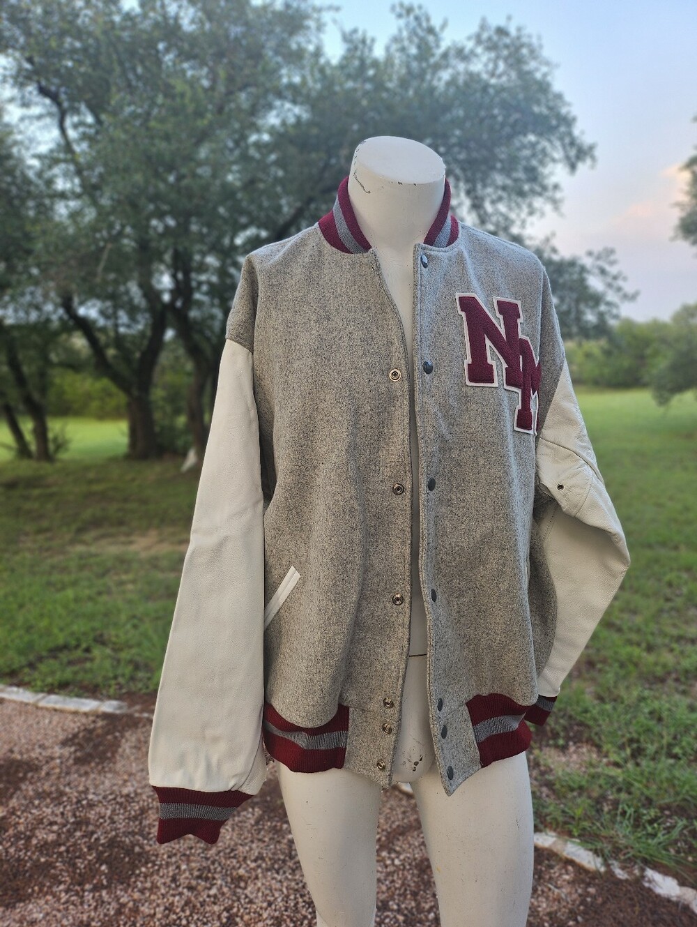 Vintage TM Athletics Grey and White Varsity Jacket Maroon Trim NM Chenille 56